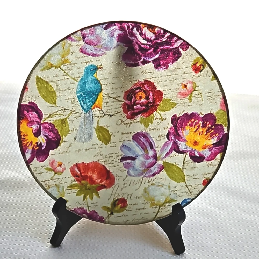 Vintage Style Floral & Bird Decoupage 8 Inch Tempered Glass Cutting Board